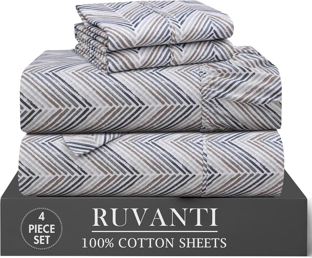 RUVANTI 4 Pcs Cotton Sheets - 100% Natural Cotton Soft, Lightweight & Breathable Crispy Percale Bed Sheets, Twin Sheets Set 16" Deep Pockets, Inverted Streak