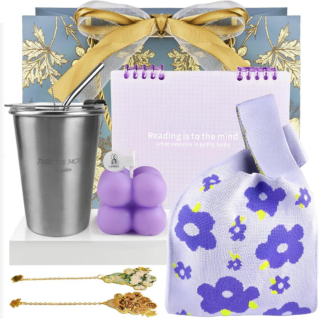 9 Pcs Book Lover Gifts- Stainless Steel Water Cup Tote Bag Notebook Bookmarks etc Suitable Gifts for book lover women Book Clubs Library Lover Bookworms Book Gift Birthday(Purple)