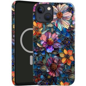 Case Compatible with iPhone 14,Compatible with MagSafe,Glossy Fall Prevention Hybrid 2-Layer Hard Shell Cases for Girls Boys,Colorful Floral Flower Art