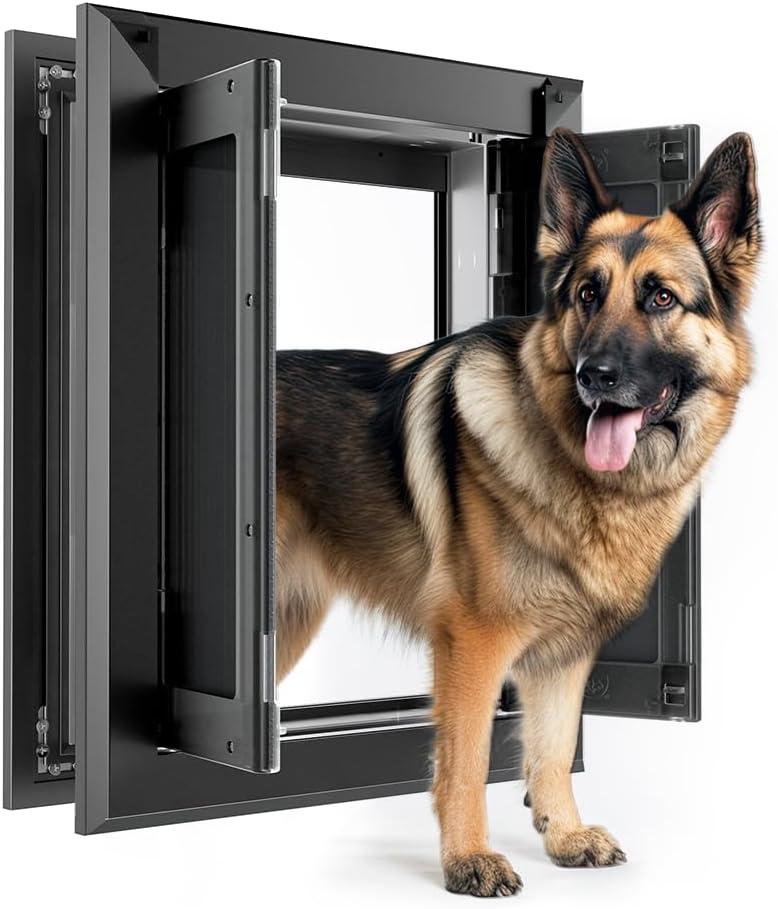【PATAPLUS】 Aluminum French Large Dog Door, Strong Double Magnetic Flaps, with Aluminum Telescoping Tunnel Heavy-Duty Do g Door for L arge and Medium Dog Up to 110LBS (Large, Black)