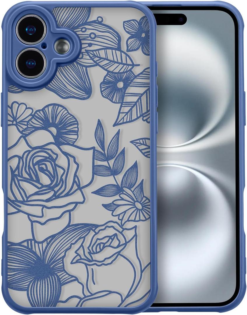 XIZYO for iPhone 16 Case, Floral Rose Cute Phone Case for Women Girls Aesthetic Pattern Print Slim TPU Bumper Shockproof Protective Cover for iPhone 16 6.1 Inch, Deep Blue