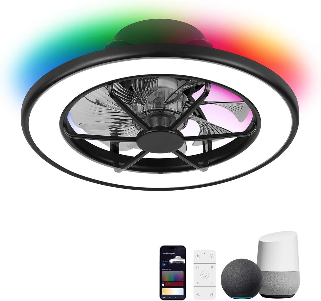 ocioc Low Profile Ceiling Fans with Lights,18 in Smart Ceiling Fans with Alexa/Google Assistant/App Control Color Changing LED-RGB Back Ambient Light for BedroomBlack