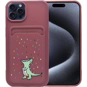 Unov Case Compatible with iPhone 15 Pro Max 5G Soft TPU Slim Protective Case with Dino Rainbow Dinosaur Dragon Card Holder Back Cover Case Wine Red