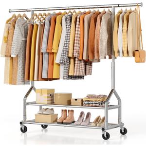 Heavy Duty Clothes Rack Load 556 LBS, Rolling Clothing Rack With Shelves, Height Adjustable Metal Clothes Hanger with Wheels Portable Wardrobe Organizer Garment Rod for Hanging Clothes (Silver), 19.7"D x 62.99"W x 70.8"H