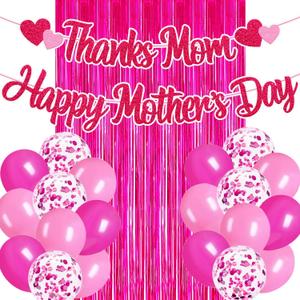 Happy Mothers Day Decorations Thanks Mom Happy Mother's Day Banner Heart Love Themed Party Decor for Women Happy Mother's Day Rose Red Foil Curtains Backdrop Balloons Celebration Supplies