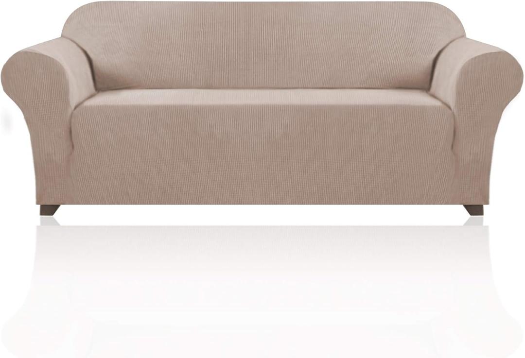 Stretch Sofa Cover Couch Covers for 3 Cushion Couch Furniture Protector Sofa Covers with Non Slip Elastic Bottom Pet Friendly Articles, Sofa(72 to 92 in), Sand