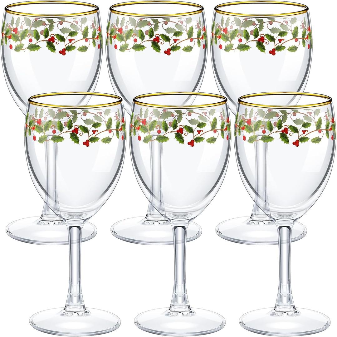 Nitial 6 Pcs Christmas Wine Glasses Set, 6.8 oz Festive Holiday Drinkware with Stem Wineglass Gift, Ideal for Red or White Wine at Christmas Dinners, New Years Family Party Gatherings (Holly Berry)