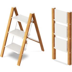 Taranta 3 Step Ladder,Aluminum Lightweight Folding 3 Step Stool with Anti-Slip Wide Pedal,330lbs Capacity Step Ladder for Household,Kitchen,Office - White Woodgrain