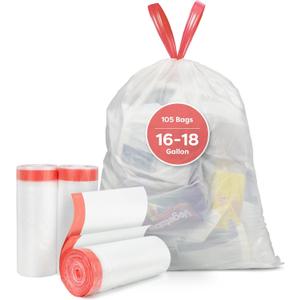 Pre-Separated 16-18 Gallon Trash Bags Drawstring, Clear, Size M, Tear Free Large Garbage Bags for Kitchen, 105 Count, Tear-Resistant Strong Plastic Compactor Bag for Office Lawn