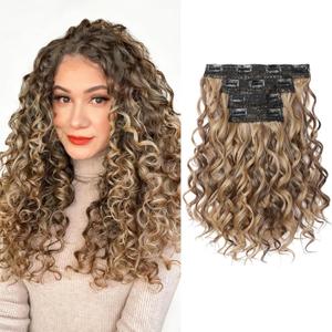 REECHO Curly Clip in Hair Extensions, 4PCS 12 inch Long Hair Extensions Clip ins Lace Weft Natural Hairpieces for Women Daily, Light Brown with Blonde Highlights