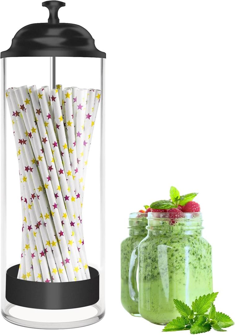 Mevtok Straw Holder for Standard Size Drinking Straws, Acrylic Plastic Straw Dispenser for Counter with Lid Black(Straws Not Include)