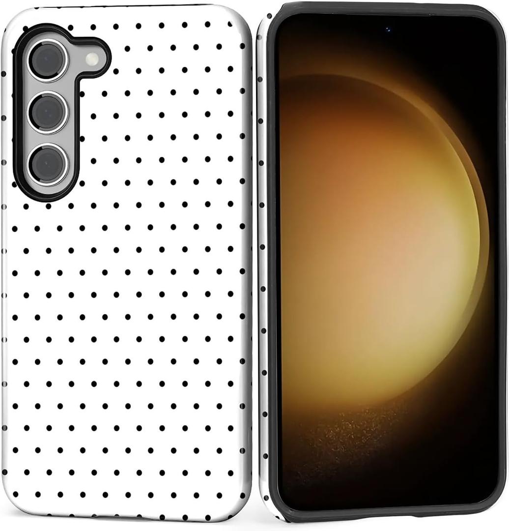 Case for Samsung Galaxy S23, Hybrid Heavy Duty 2 in 1 Full Body Rugged Shockproof Protection Glossy Case for Samsung Galaxy S23 Polka Dot Aesthetics White