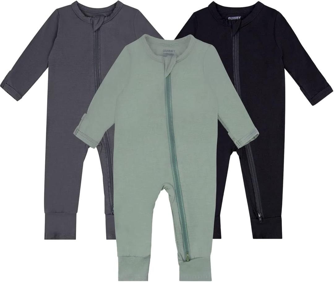 GUISBY Baby Pajamas with Mitten Cuffs - 3Pcs Girls Boys 2 Way Zipper Long Sleeve Rayon Sleepers (0-3 Months, Sliver Grey-black-green)