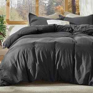 Bedsure 100% Stone Washed Cotton Duvet Cover King - Charcoal Minimalist Cotton Duvet Cover Linen Like for All Seasons - GentleSoft Plain Simple Bedding, 3 Pieces (Charcoal, King, 104"x90")