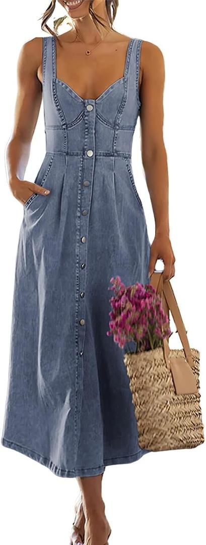 ebossy Stretchy Smocked Denim Dress for Women Sleeveless Babydoll Button Down Midi Long Jean Dresses (Medium, Light Blue)