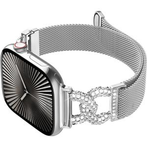 Metal Band Compatible with Apple Watch Bands for Women 49/46/45/44/42mm Stainless Steel Mesh Magnetic Classy C-shaped Diamond Strap for iWatch SE Series 3 Ultra (49/46/45/44/42mm(Series 3), Silver)