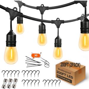Yuhoolamp 200FT Commercial Outdoor String Lights with 60+3 Replaceable S14 Edison Bulbs 2200K, Weatherproof for Patio Outside, 2Pack Linkable, Hooks and Zip Ties Included