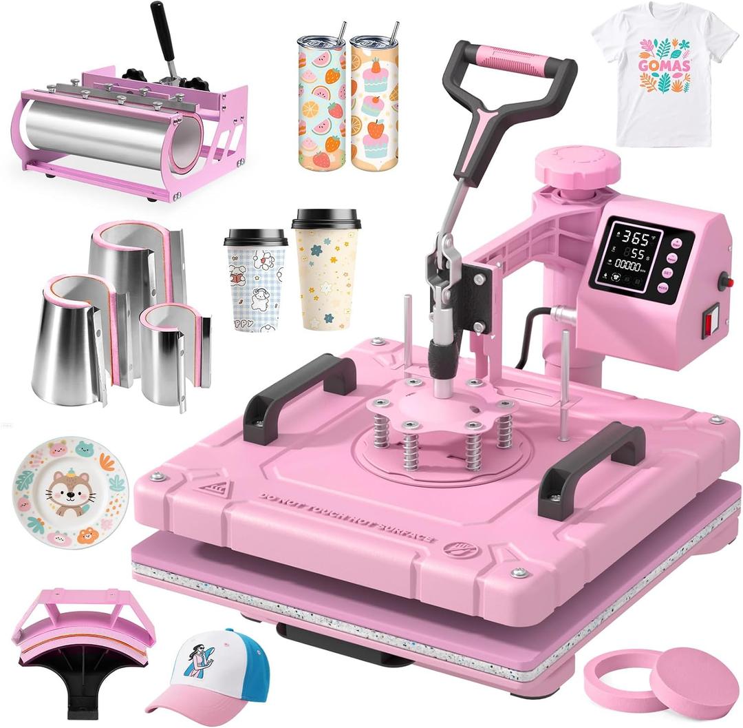 Slendor 8 in 1 Heat Press Machine 15x15 inch 360-Degree Swing Away Digital T Shirt Pressing Machine Multifunction Heat Transfer Sublimation Combo for T Shirts Mugs Hat Plate Cap,Pink
