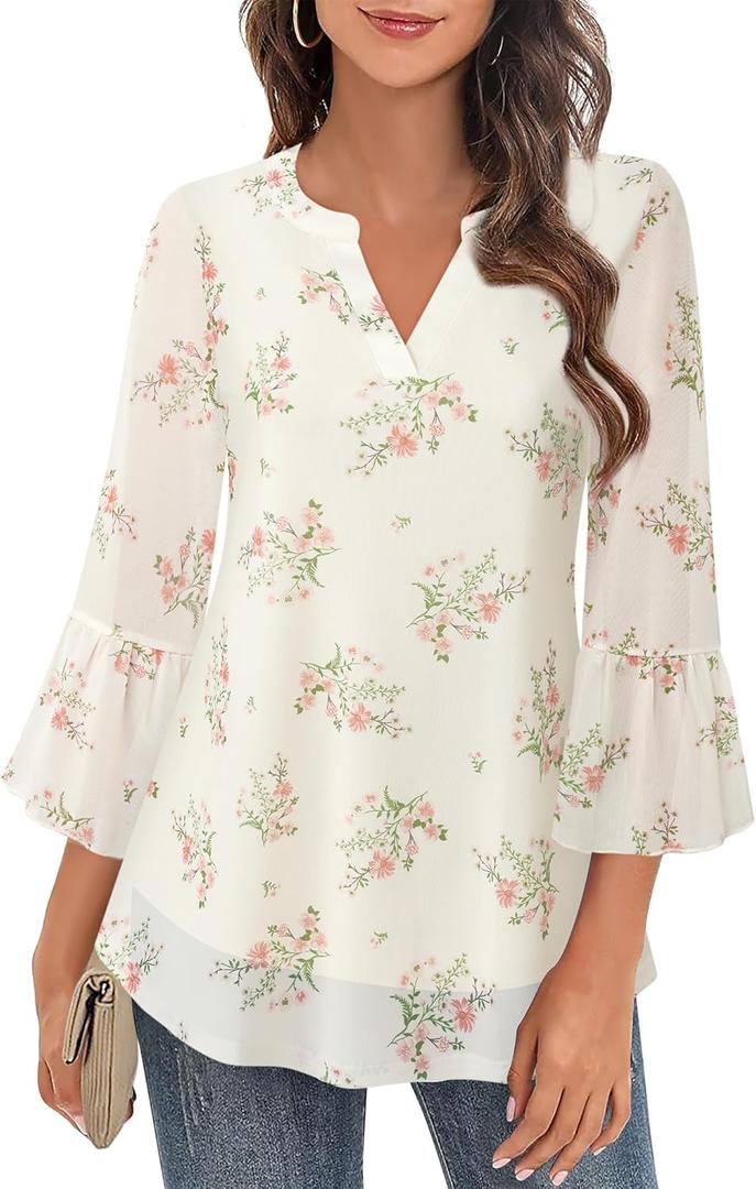 Timeson Women's 3/4 Sleeve Tops and Blouses V Neck Business Casual Shirts Dressy Tunics (Beige, XXL)