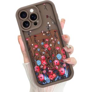 MOWIME Compatible with iPhone 16 Pro Max Case with Card Holder,Cute Fashion Red Floral Translucent Matte Soft TPU Back Shockproof Anti-Scratch Wallet Phone Case Cover Women Girls-Brown