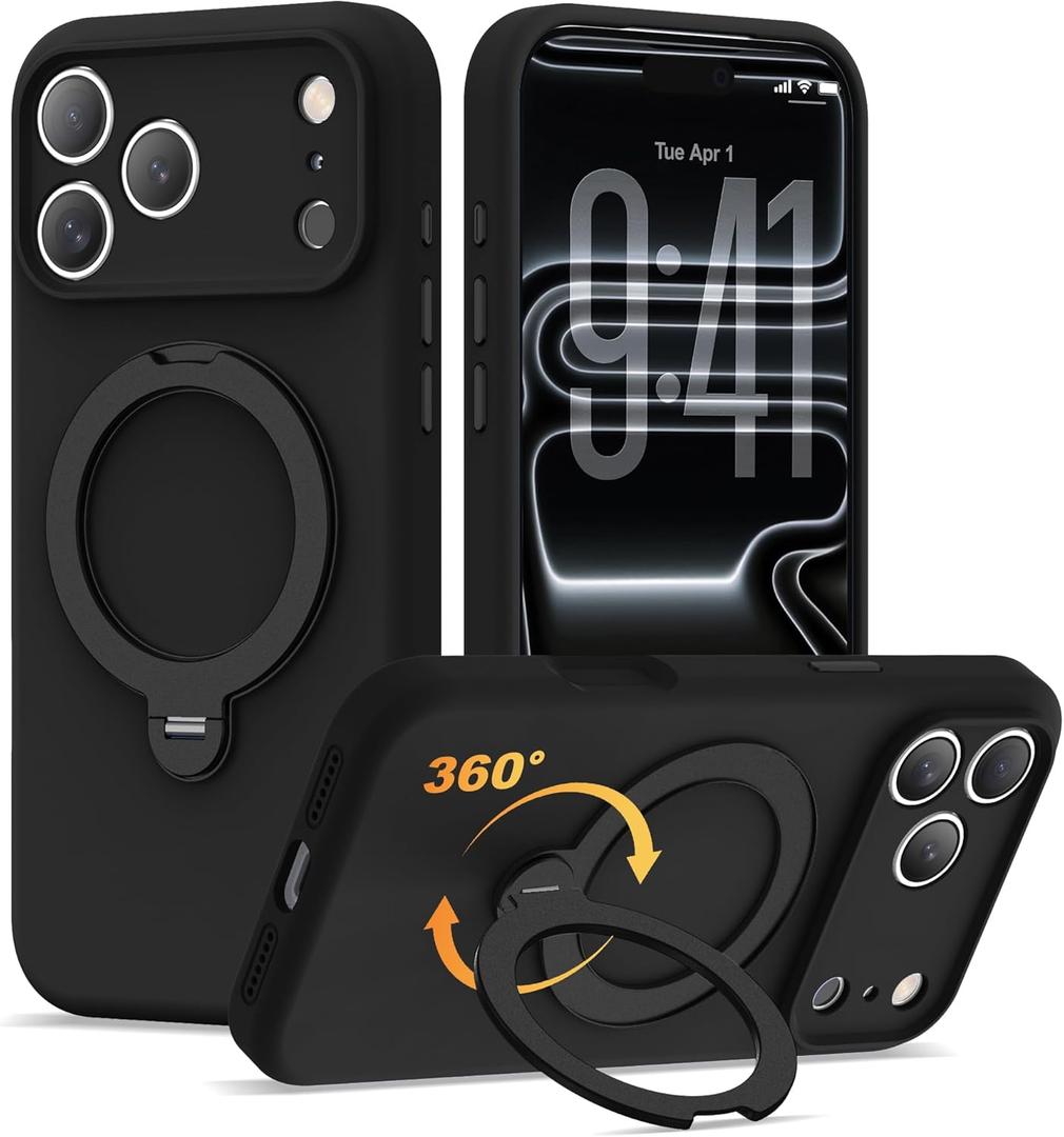 Compatible with iPhone 17 Pro Max Case 6.9'' with 360 Spin Magnetic Ring Stand[Compatible with Mag-Safe] Soft Liquid Silicone 17 Pro Max Case for Men Women,Black