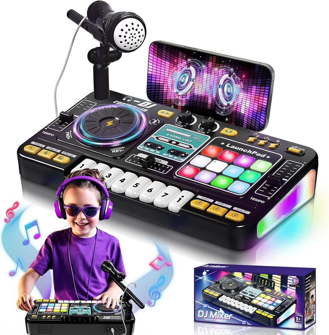 OZMI Kids DJ Music Mixer Table Board Set Toy with Microphone, Lights  Interactive Musical Toys for Ages 3-12 | 100+ Sounds, Piano Keys, Disco Mode, Rechargeable for Kids Boys & Girls