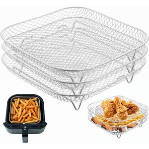 3 Pcs 8 Inch Square Air Fryer Rack, Stackable Stainless Steel Square Air Fryer Rack With Feet, Air Fryer Cooking Rack Square For For Cosori, Instant Vortex, Nuwave Airfryer, Ninja Foodi Grill
