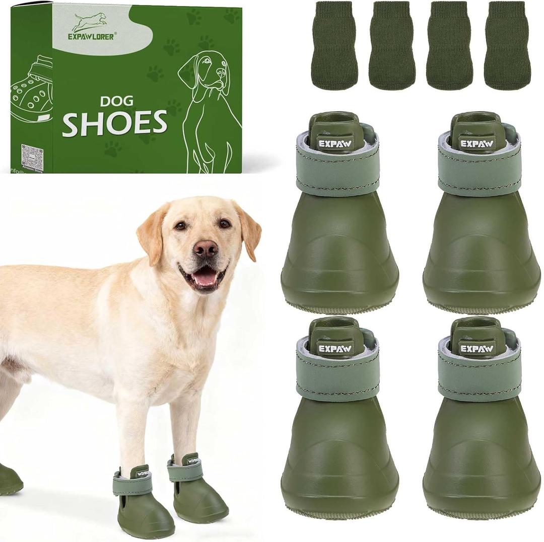 EXPAWLORER Dog Shoes for Small Medium Large Dogs, Waterproof Non-Slip Dog Snow Booties for Winter with Socks, Easy On & Off Pet Boots & Paw Protectors, Easy-Clean for Beach Outdoor Rain (Green XL) (Size 9/XL (Paw Width:2.8in))