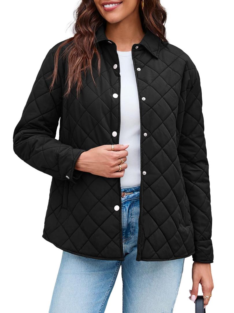 Grlasen Womens Lightweight Quilted Jacket Fall Button Down Puffer Jackets Loose Fit Stand Collar Warm Coats Outerwear, L