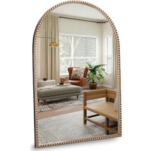 Arched Wall Mirror 24" x 36",Antique Gold Metal Beaded Frame, Decorative Accent Mirror for Bathroom, Living Room, Entryway & Bedroom