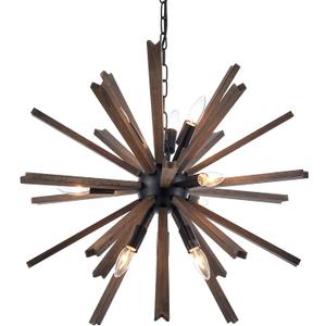 9-Light Sputnik Pendant Light Black, Farmhouse Wood Chandelier for Dining Room Industrial Hanging Light Fixture Ceiling for Bedroom Entryway Kitchen Foyer Living Room