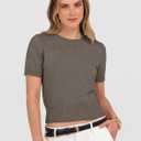 ANRABESS Womens Short Sleeve Sweaters Cropped Crew Neck Business Casual Lightweight Sweater Tops 2026 Spring Summer Outfits (Brown, L)
