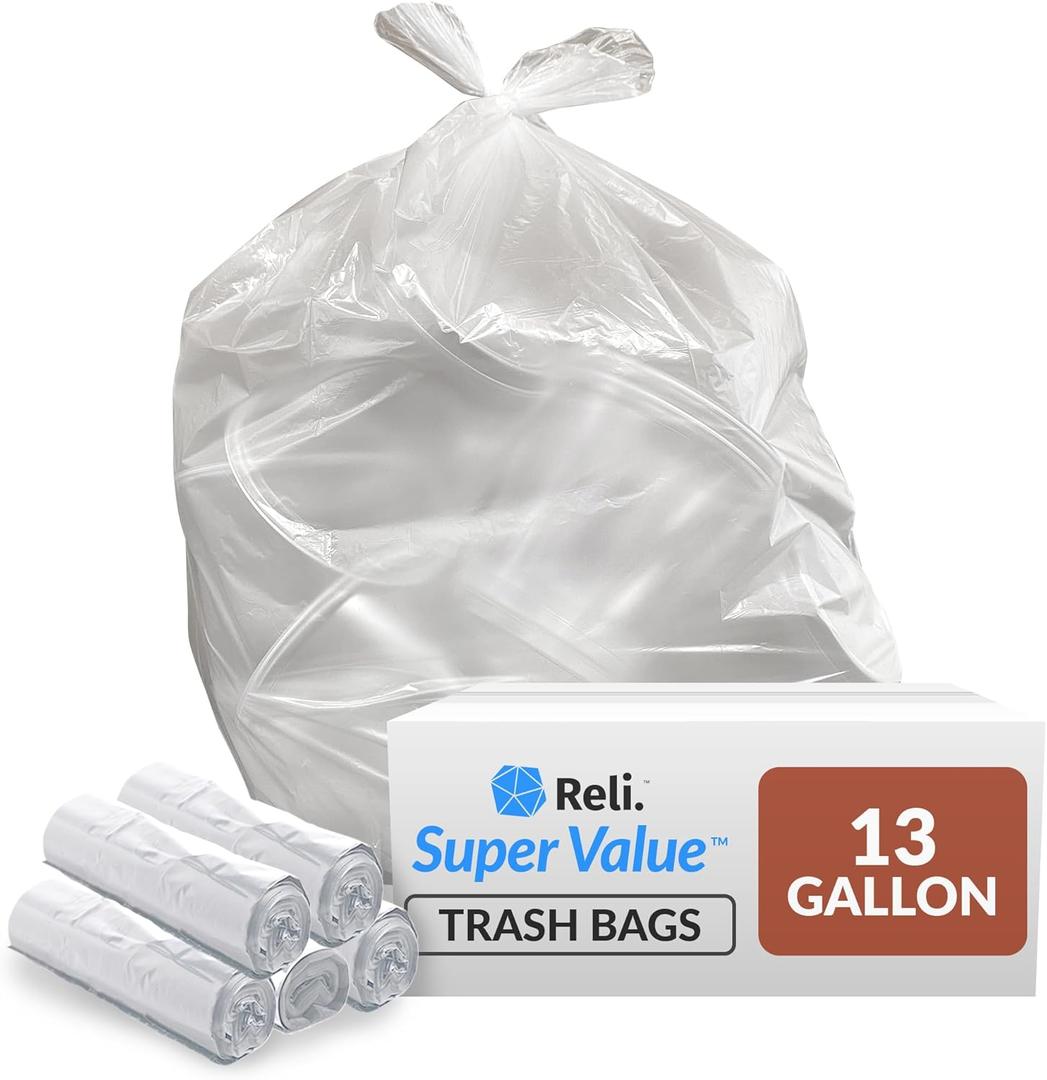 Reli. 13 Gallon Trash Bags | 250 Bags | Clear | Tall Kitchen | Strong | Garbage