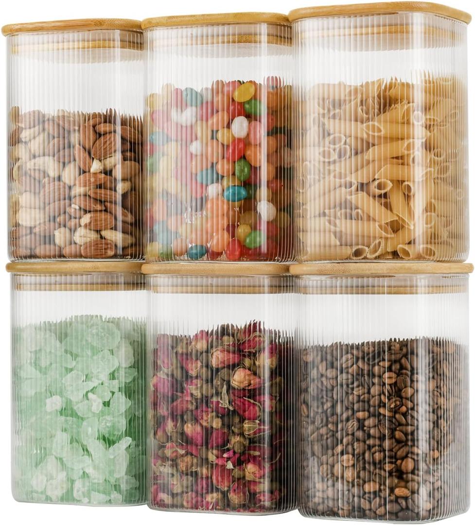 37oz Airtight Glass Square Storage Canisters with Bamboo Lids Set of 6 (1100ml) Striped Stackable Containers, Kitchen Jars for Pantry Noodles, Flour and Coffee beans (with Black Lable)