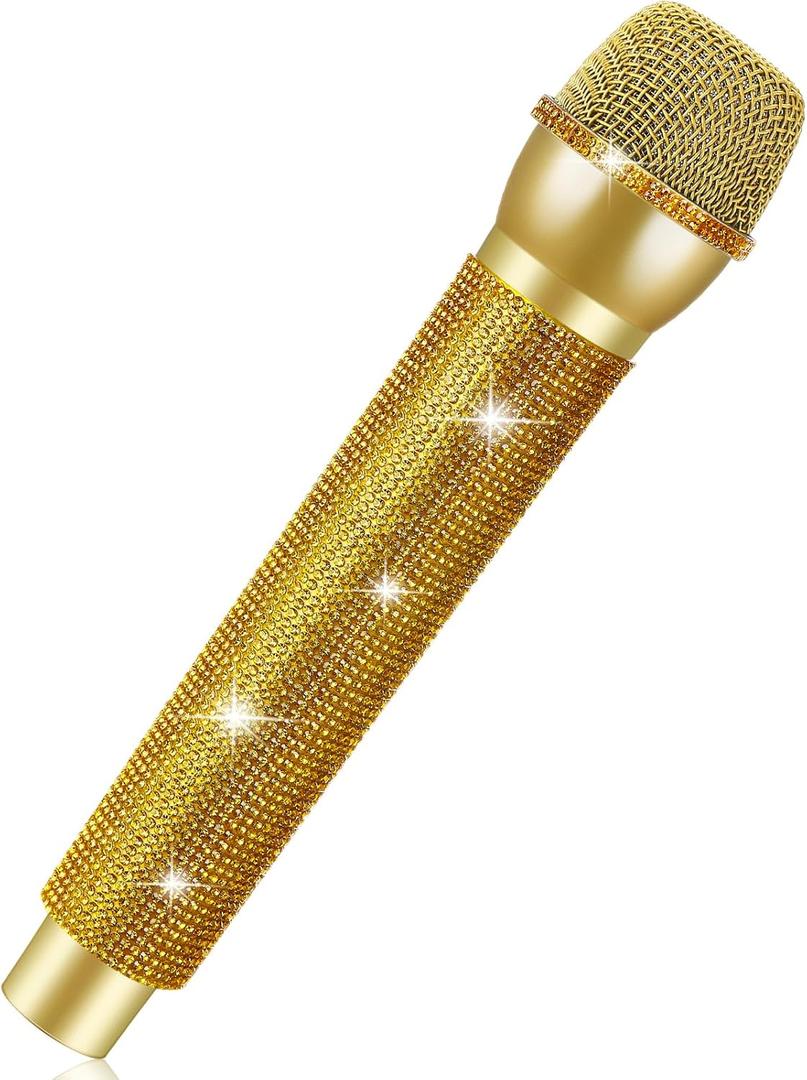 Sanwuta Bling Microphone Prop, Rhinestone Fake Microphone, Sparkly Glitter Toy Mic for Lip Sync, Disco Party Favors, Stage Performance, Christmas Halloween Cosplay Accessories (Gold)