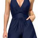 Halter Swim Romper for Women with Pockets and Shorts Tummy Control One Piece Swimsuit Modest Bathing Suit, L