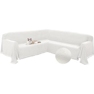 Sectional Couch Covers L Shape Corner Sofa Cover Blanket Jacquard Knitted U Shaped Sofa Slipcovers with Tassel Soft Washable Non Slip Pet Dog Furniture Protector (Cream White, 91x252 inch