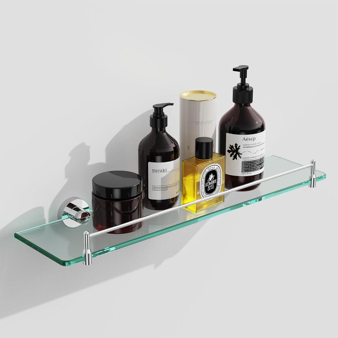 Glass Shelf for Bathroom,20-Inches Chrome Floating Glass Shelves for Wall Rectangular Modern Stainless Steel Tempered Glass Wall Mount Accessories (20"with Railing)