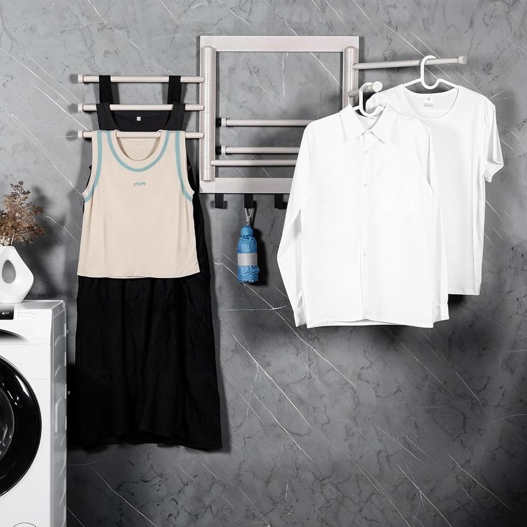White Wall Mounted Drying Rack,Clothes Drying Rack Wall Mounted for Laundry(20 INCH),with 5 Hooks 8 arms, 80 lb Capacity.
