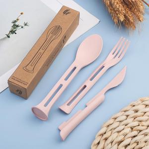 3PCS Wheat Straw Cutlery, Reusable Utensils Set Portable Travel 3 in 1 Spoon Fork Knife Tableware, Eco-Friendly, BPA Free, Flatware for Kids Adults, Travel Picnic Camping (Pink)