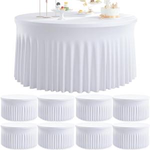 8 Pack White Round Spandex Tablecloth for 60 inch Table, Wrinkle Free Stretchy 120inch Fitted 5FT Round Table Cloths Cover with Skirt for Wedding Birthday Party Dining Banquet Thanksgiving Events