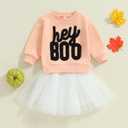 Kuriozud Toddler Baby Girl Halloween Outfits 6 9 12 18 24Month 2t 3t 4t Sweatshirt Top+Tutu Tulle Skirt Set Halloween Cothes (Hey Boo Pink White)