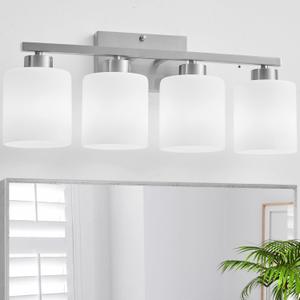 4 Light Bathroom Light Fixtures, Brushed Nickel Vanity Lights Over Mirror for Bathroom, Modern Bathroom Vanity Light with Milky White Glass Shades, Anti-Rust E26 Base Lighting Fixtures