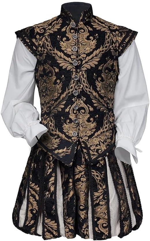 Willyacos Renaissance Tudor Costume - Men's Elizabethan Era Prince Tudor King Doublet & Vest with Pumpkin Pants (Small, Black Golden)