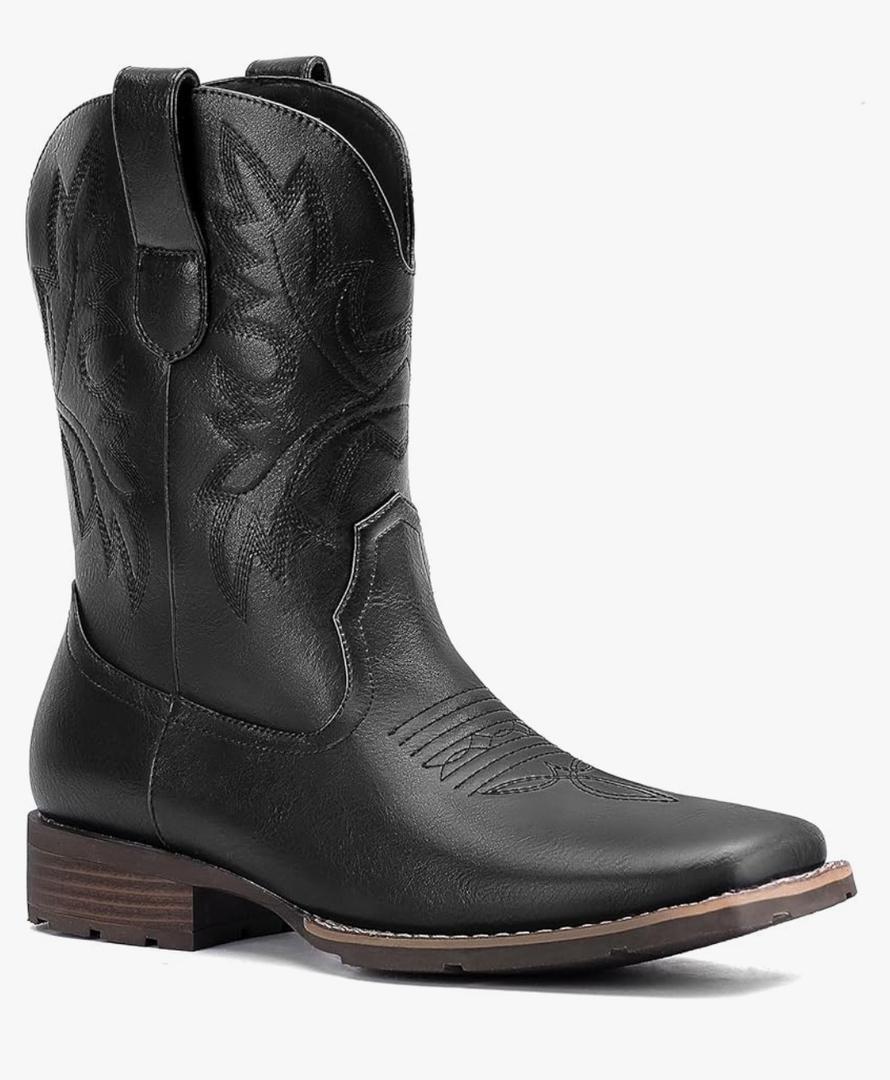 Lumeheel Cowboy Boots for Men - Western Men's Boots with Classic Embroidered, Slip on Square Toe Boots, Slip Resistant Country Boots Chunky Heel Ankle, Durable Short Boots for Spring Fall 8.5