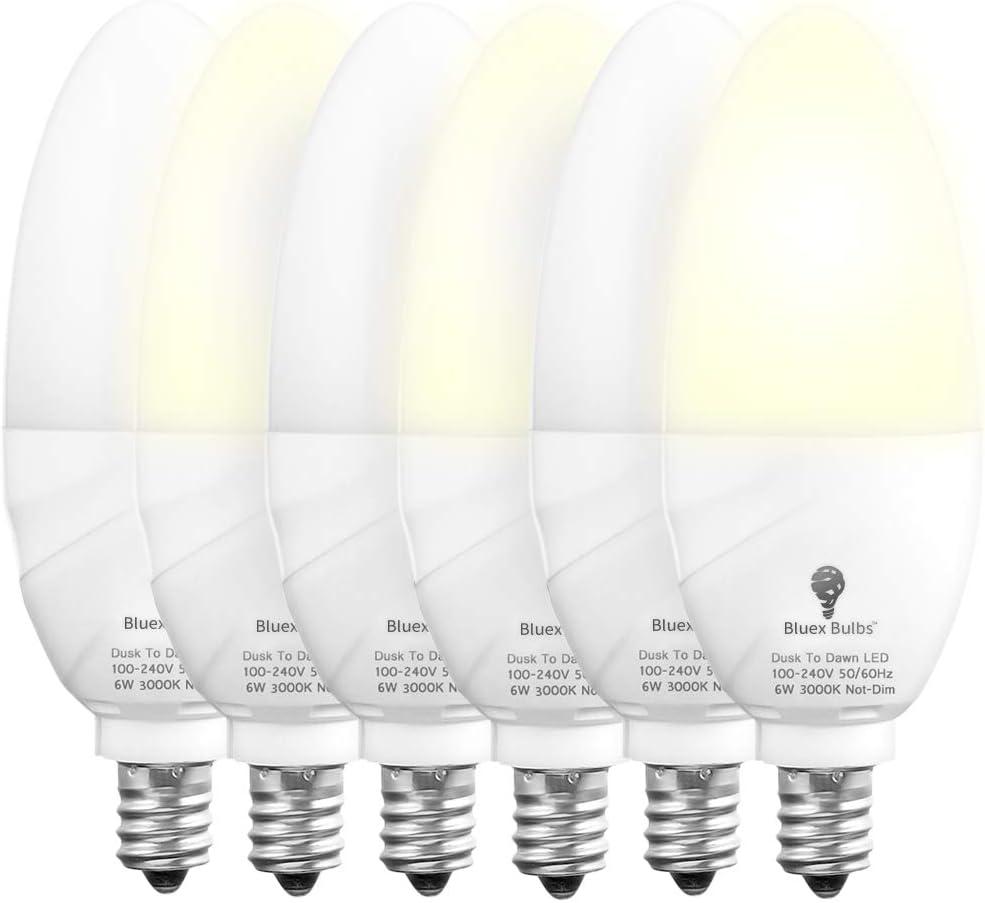 6 Pack BlueX Dusk to Dawn LED Bulbs, 6W E12 Base Light Bulb - 65W Equivalent  3000K WarmLight White - Smart Light Sensor Candelabra Bulb, Home Security, Driveway, Yard, Porch Lighting