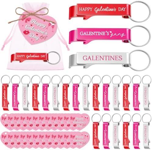 Remerry 24 Sets Happy Galentine's Day Party Favors Bulk Galentine's Bottle Opener Keychain with Greeting Cards Organza Bags for Valentine's Day Gifts Party Decorations Supplies