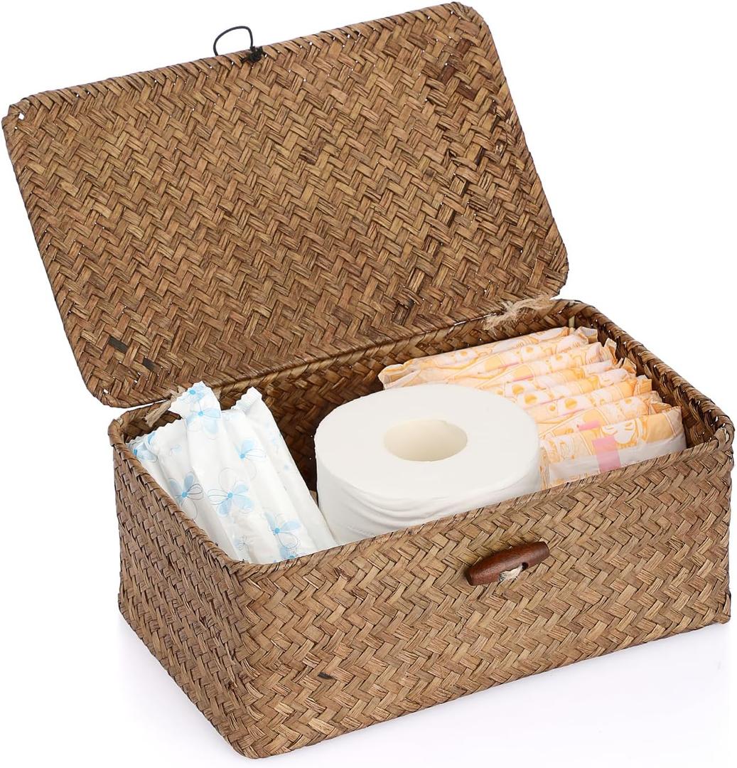 Sumnacon Small Wicker Basket with Lid Rectangle Woven Baskets for Toiletries Tampon Storage,Wicker Storage Basket with Lid,Decorative Seagrass Storage Baskets for Shelf Bathroom Toilet Table,Coffee
