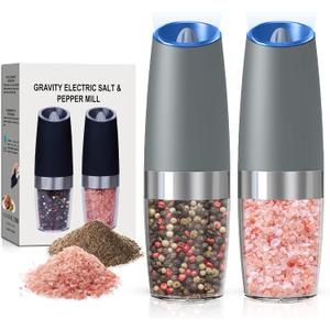 Battery Operated Salt And Pepper Grinder Set with LED Light, Automatic Electric Gravity Salt And Pepper Shakers Set, Each 6 AAA Batteries Needed, Adjustable Roughness, 2 Pack (LightGrey)