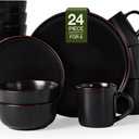 Famiware Mercury Dinnerware Sets with Mugs, Service for 6 (24 Pieces), Stoneware Plates and Bowls Sets, Microwave and Dishwasher Safe Dishes Set, Matte Black